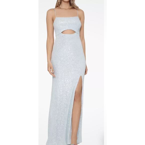 XScape NWOT Sequin Cutout Maxi Gown in Silver. Size 4. NWOT - Picture 1 of 8